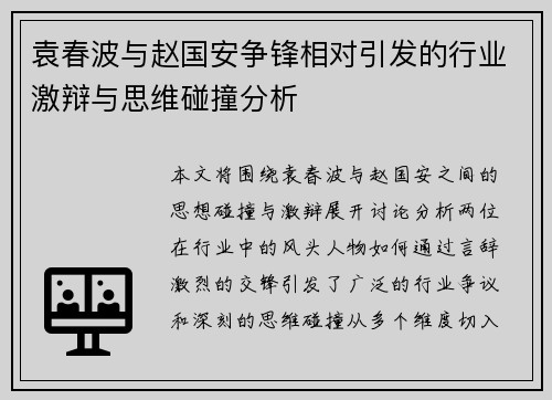 袁春波与赵国安争锋相对引发的行业激辩与思维碰撞分析
