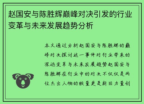 赵国安与陈胜辉巅峰对决引发的行业变革与未来发展趋势分析